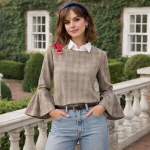 Harlowe Graham Plaid Bell Sleeve Top S Brown Red Pleat Floral Cropped Preppy 90s